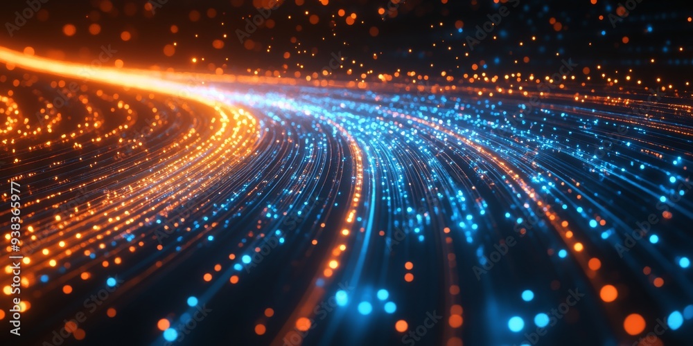 Dynamic Blue and Orange Light Streaks on Black Background Representing Fast Digital Data Transfer with Text Space Dynamic Blue and Orange Light Streaks on Black Background Representing Fast Digital Data Transfer with Text Space