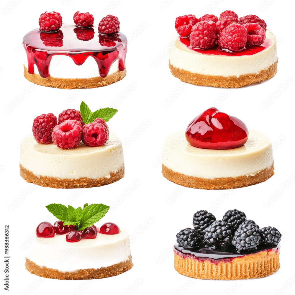 Set of cheesecakes with fresh berries and mint isolated on transparent background Set of cheesecakes with fresh berries and mint isolated on transparent background