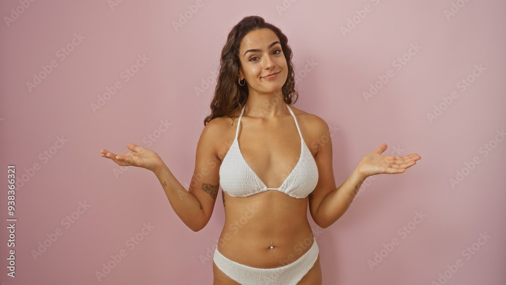 Young woman posing over an isolated pink background, wearing a white bikini and showcasing a confident and attractive demeanor Young woman posing over an isolated pink background, wearing a white bikini and showcasing a confident and attractive demeanor