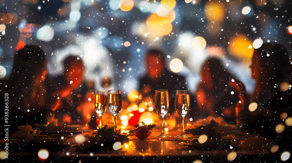 Obraz premium Champagne glasses on the table in a dark atmosphere. Silhouettes of people celebrating Christmas, New Year in a festive atmosphere. Cheers celebration