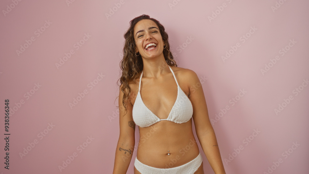 Fototapeta premium Attractive young hispanic woman smiling confidently in a white bikini over a pink background