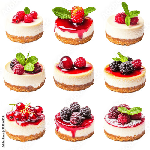 Set of cheesecakes with fresh berries and mint isolated on transparent background