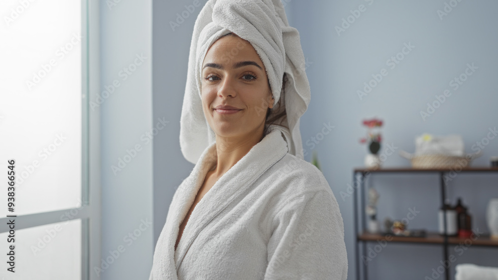Young, attractive, brunette woman in a spa room wearing a bathrobe and towel, suggesting a serene beauty and wellness experience indoors. Young, attractive, brunette woman in a spa room wearing a bathrobe and towel, suggesting a serene beauty and wellness experience indoors.