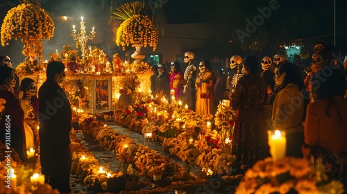 A vibrant celebration of Dia de los Muertos featuring a crowd in traditional attire surrounded by altars adorned with flowers, candles, and colorful skull decorations. 