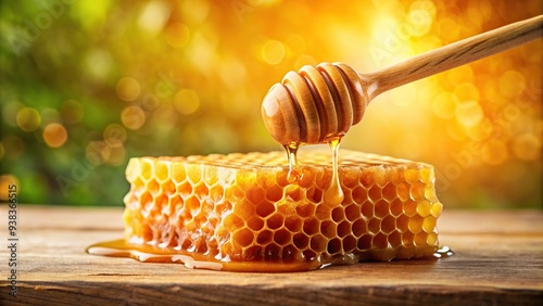 Honey dripping from a honey dipper into a honeycomb, golden, sweetness, buzzing, liquid, container, dessert, drop, hive, syrup, organic, ingredient, sweetener, macro, spoon, farm