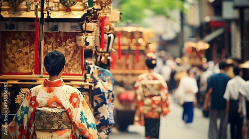 A vibrant festival scene featuring participants in traditional clothing carrying ornate floats through a bustling street filled with onlookers, capturing the essence of cultural celebration and commun