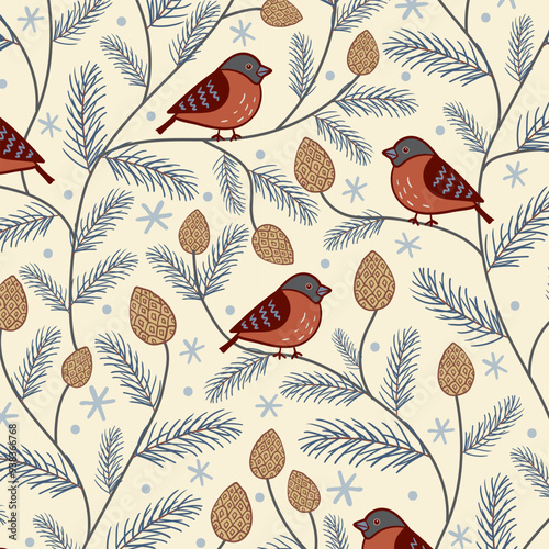 Vintage winter pattern of bullfinch birds and cones on wavy pine branches against background with snow texture. Decorative Christmas print.
