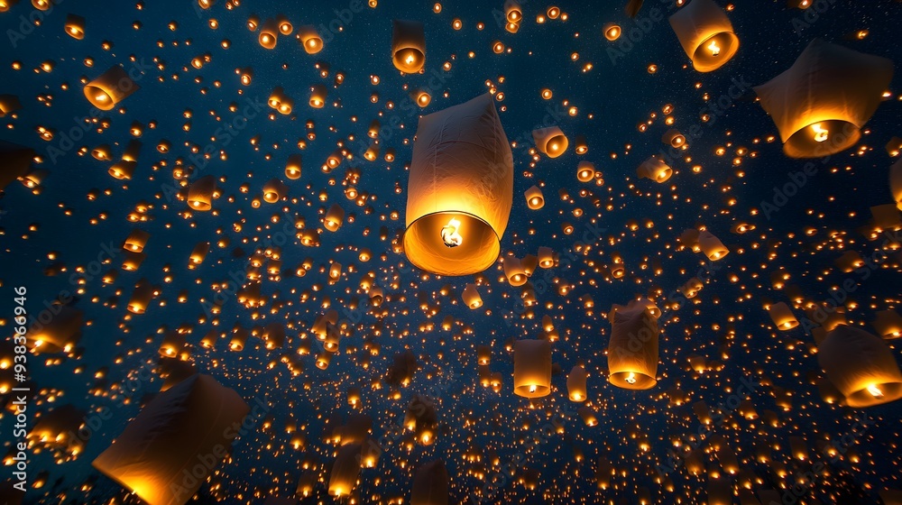 Obraz premium A breathtaking view of glowing sky lanterns illuminating the night sky, creating a magical atmosphere of hope and celebration. 