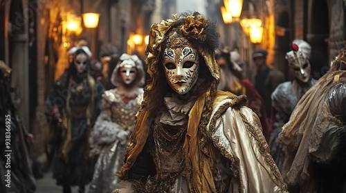 A mysterious and elaborate masquerade scene unfolds in a dimly lit alley, showcasing elegantly dressed figures wearing intricate masks and historical costumes.  photo