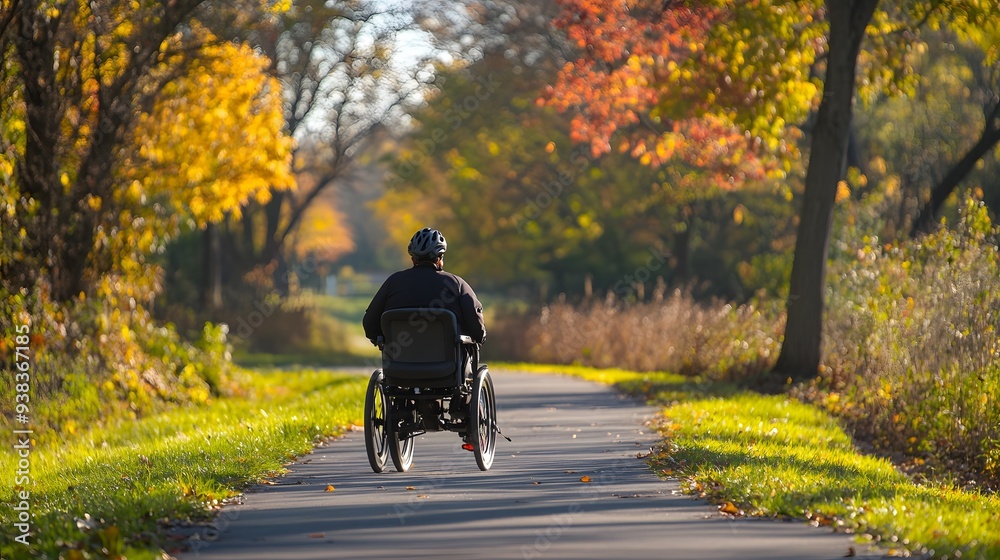 Fototapeta premium A person in a wheelchair enjoys a scenic autumn path surrounded by colorful trees and foliage. 