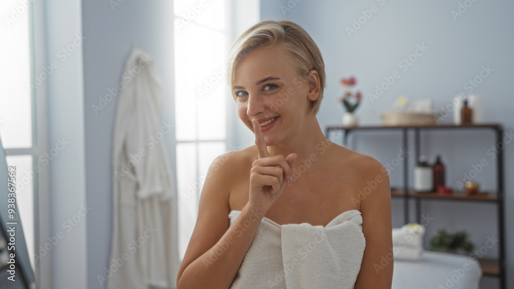 Young woman standing wrapped in a towel at a spa or salon, with short blonde hair and a relaxed smile, making a shushing gesture while indoors in a peaceful wellness room