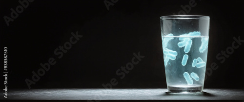 Illustrative representation of drinking water contaminated with bacteria and pathogens in a drinking glass