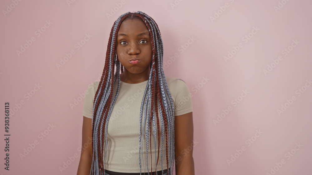 African american woman with braids standing against a pink isolated background looking playful African american woman with braids standing against a pink isolated background looking playful