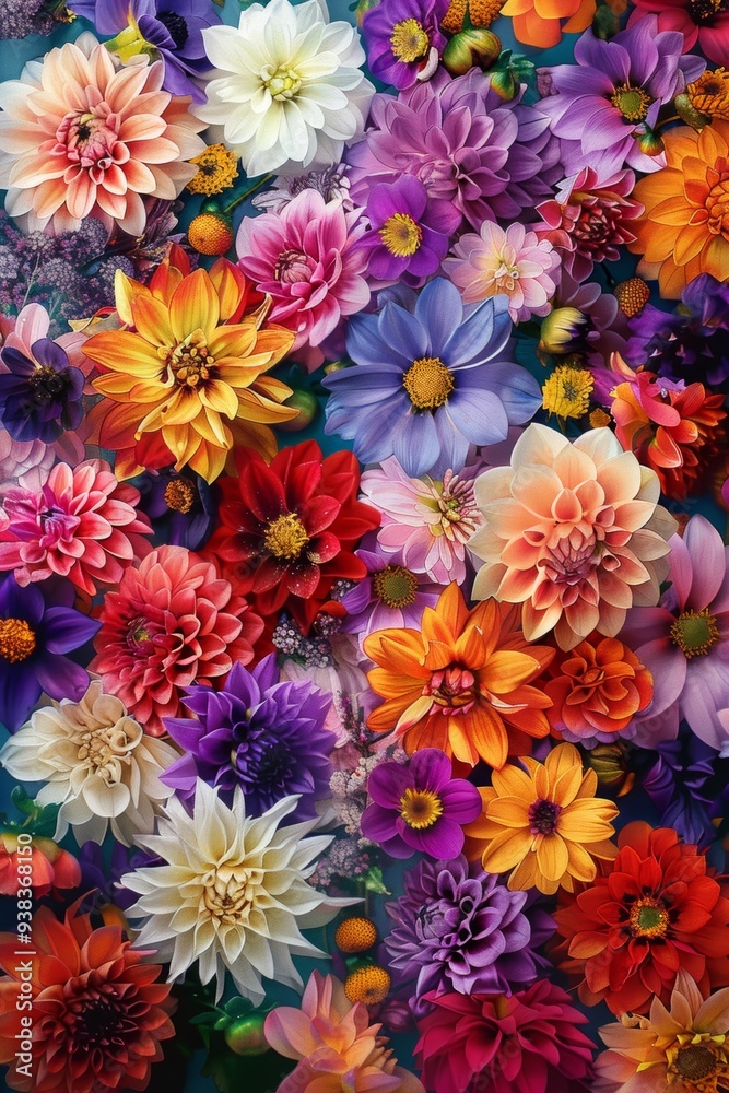 A spectacular and vibrant display of colorful dahlias in numerous shades and sizes, showcasing natures true beauty A spectacular and vibrant display of colorful dahlias in numerous shades and sizes, showcasing natures true beauty