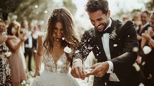 A joyful newlywed couple celebrates their wedding day, surrounded by guests as they are showered in rose petals. 