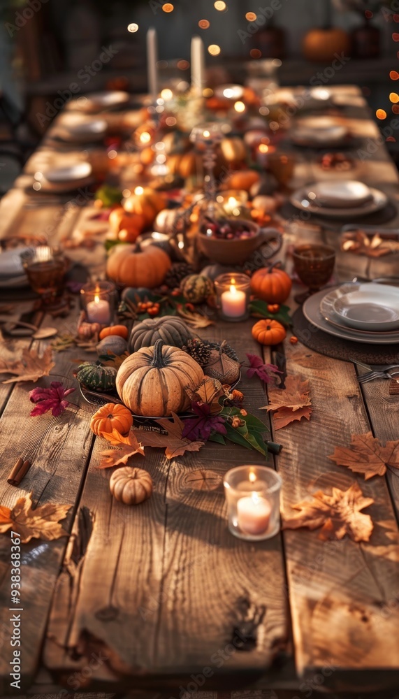 Rustic wooden table decorated for thanksgiving with pumpkins, gourds, candles, and warm lighting Rustic wooden table decorated for thanksgiving with pumpkins, gourds, candles, and warm lighting