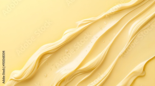 A smooth and creamy texture of yellow spread on a soft yellow background evokes a sense of freshness and indulgence. 