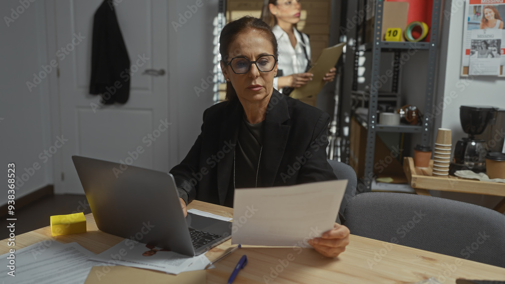 Two women in a cluttered office, one analyzing a document and the other reviewing a file with focus and determination. Two women in a cluttered office, one analyzing a document and the other reviewing a file with focus and determination.