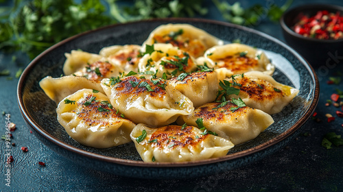 dumplings arranged neatly on a plate, showcasing their golden, crispy texture and delicate, hand-crafted appearance, ideal for food blogs or culinary websites