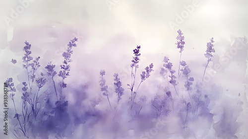 A serene watercolor illustration featuring soft lavender floral silhouettes against a muted background, ideal for calming design projects. 
