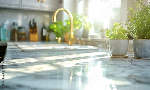 Two potted plants on a marble countertop in a kitchen with a gold faucet