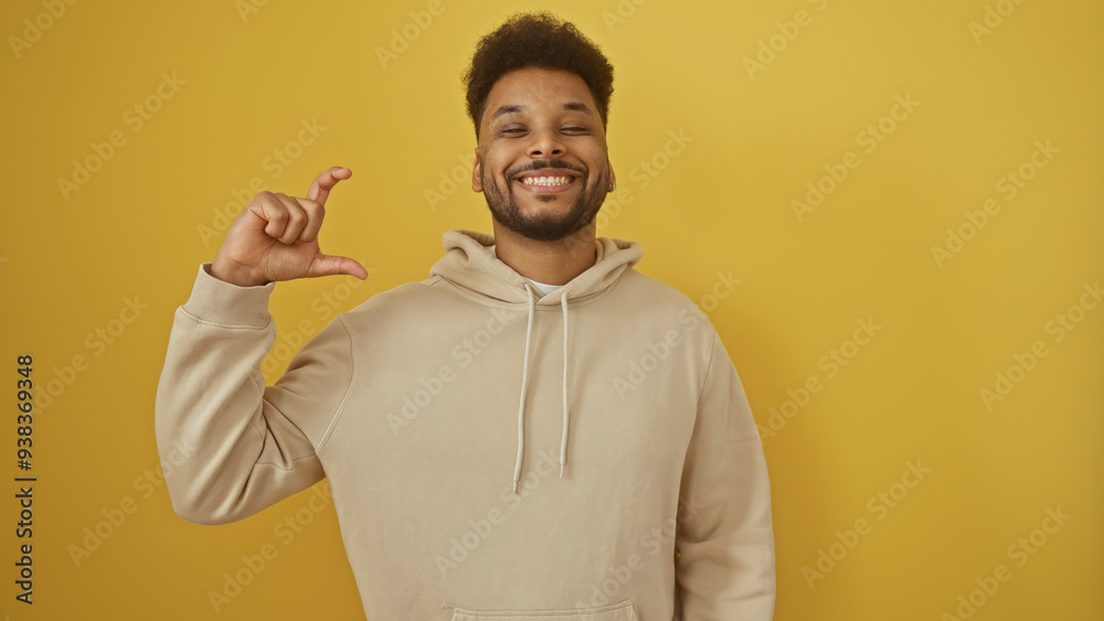 Smiling african american man making small size gesture against yellow background wearing hoodie Smiling african american man making small size gesture against yellow background wearing hoodie