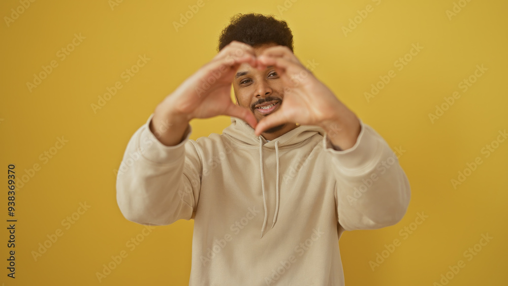 A cheerful african man in casual attire making a heart shape with his hands against a vibrant yellow background.
