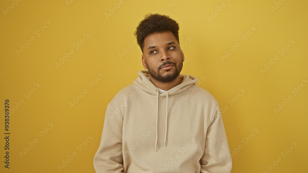 Portrait of a thoughtful african american man in casual beige hoodie against a vibrant yellow background.