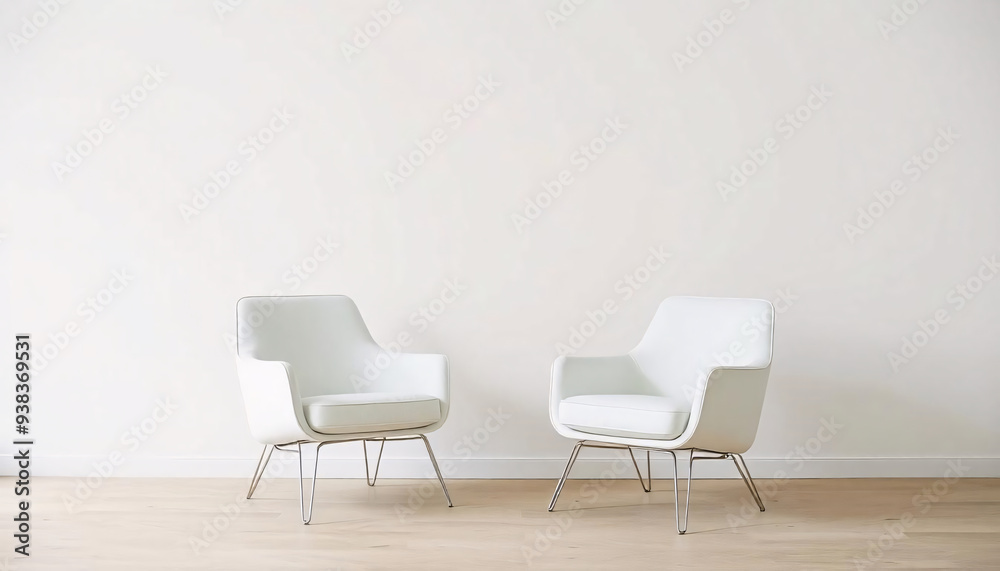 Two white chairs in a minimalist room with a plain white wall, Two chairs against concrete white wall, we are hiring concept Two white chairs in a minimalist room with a plain white wall, Two chairs against concrete white wall, we are hiring concept