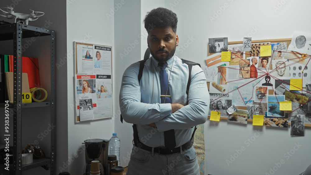 Handsome african american man with crossed arms standing in front of a detective's crime board in a police station office. Handsome african american man with crossed arms standing in front of a detective's crime board in a police station office.