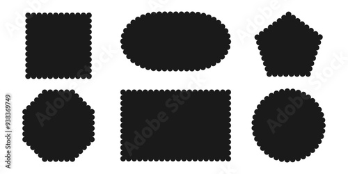 Black silhouette scalloped frames. Geometric shapes stickers with zigzag wavy edge. Tag Label Stamp Box element for design