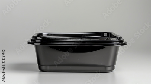 A black plastic food container with a lid, sitting on a light surface.