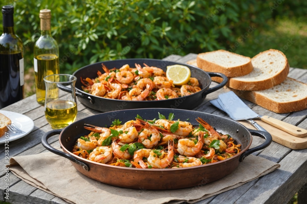 Romantic italian lunch outside of a couple: copper pan with delicious and spicy fried shrimps with herbs and garlic, bottle of olive oil, wine, bread Romantic italian lunch outside of a couple: copper pan with delicious and spicy fried shrimps with herbs and garlic, bottle of olive oil, wine, bread