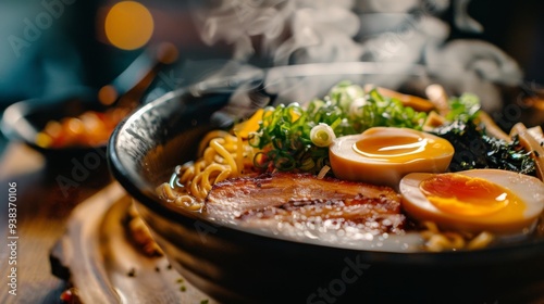 Delicious close up of a steaming bowl of ramen noodles with fresh vegetables and egg garnish photo