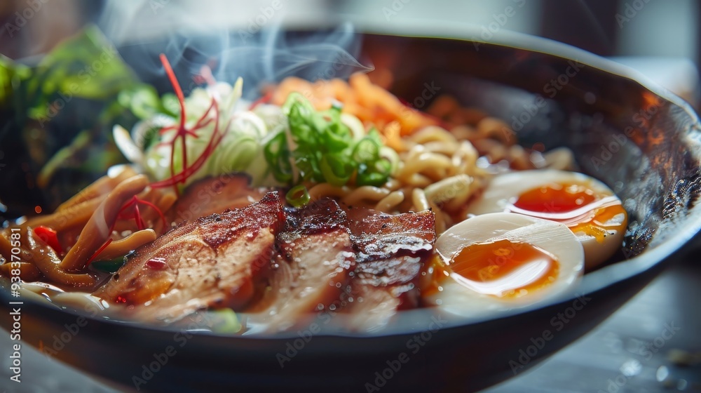 Delicious close up of steaming ramen noodles with fresh vegetables, meat, and egg garnish
