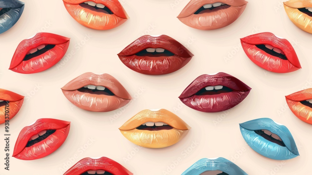 Fototapeta premium Colorful lips pattern illustration with vibrant hues showcasing diverse lip shapes and expressions on a soft background