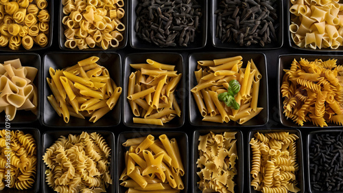 Variety of Pasta Types in Black Bowls Against a Dark Surface, Pastry, Different types of pasta, Directly above shot of various types of raw pasta,Ravenna,Province of Ravenna,Italy photo