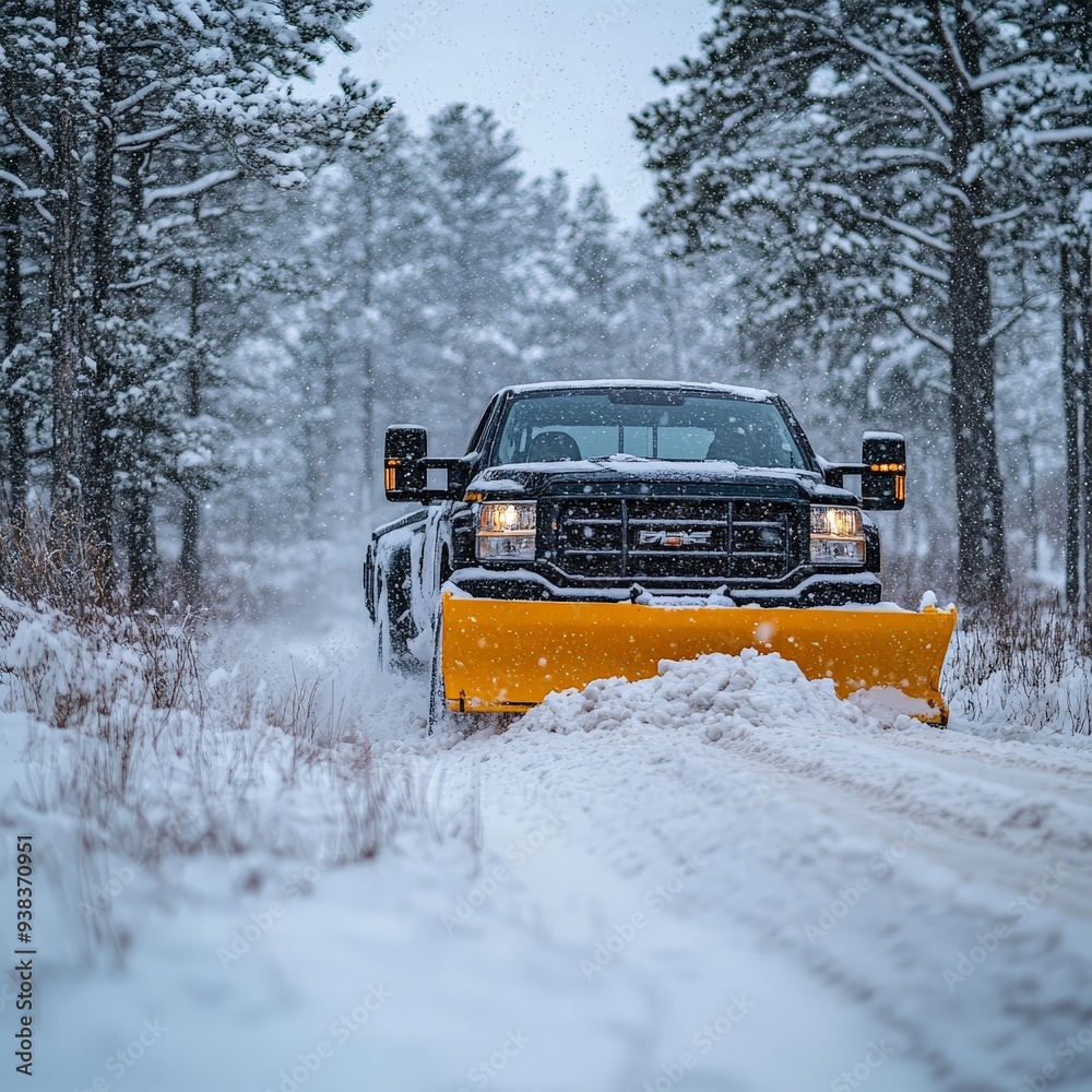 Pickup Truck Actively Plowing Snow on a Winter Road Pickup Truck Actively Plowing Snow on a Winter Road