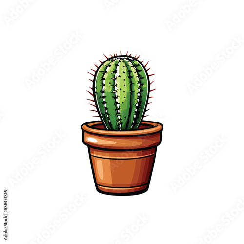 A realistic depiction of a small cactus in a terracotta pot.