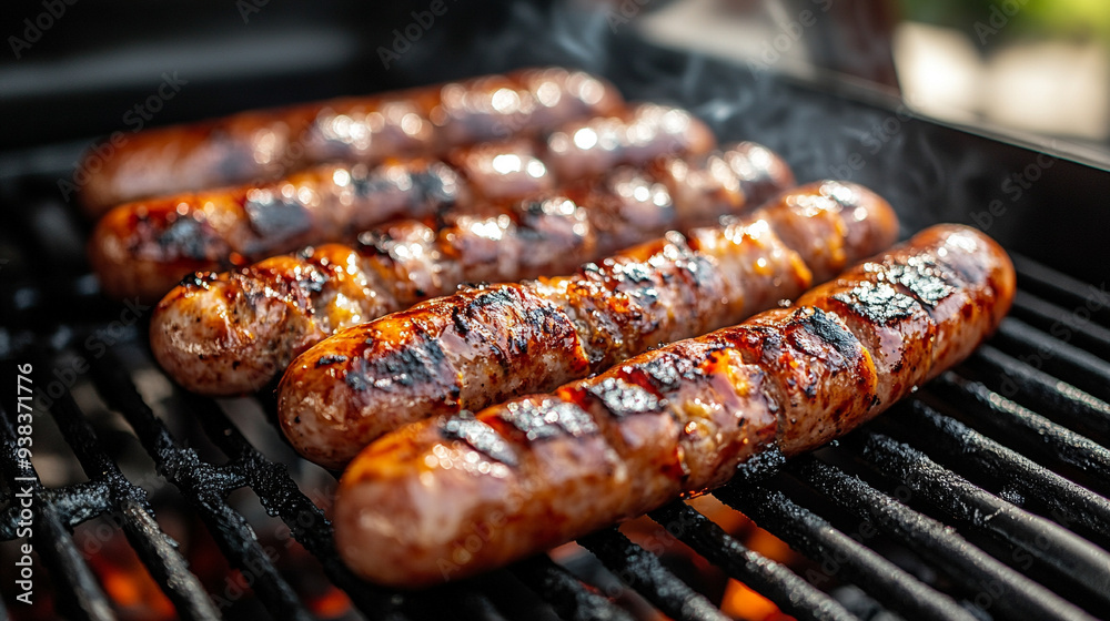 Hot, tasty grilled sausages sizzling on a charcoal grill with smoke rising, evoking a sense of warmth, outdoor cooking, and the rich, savory aroma of perfectly cooked meat Hot, tasty grilled sausages sizzling on a charcoal grill with smoke rising, evoking a sense of warmth, outdoor cooking, and the rich, savory aroma of perfectly cooked meat
