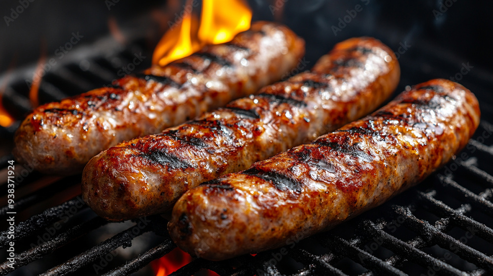 Hot, tasty grilled sausages sizzling on a charcoal grill with smoke rising, evoking a sense of warmth, outdoor cooking, and the rich, savory aroma of perfectly cooked meat Hot, tasty grilled sausages sizzling on a charcoal grill with smoke rising, evoking a sense of warmth, outdoor cooking, and the rich, savory aroma of perfectly cooked meat