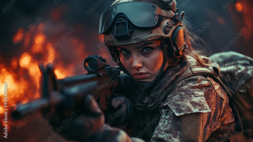 female soldier in combat gear focused on the mission during a tense moment in a war zone female soldier in combat gear focused on the mission during a tense moment in a war zone