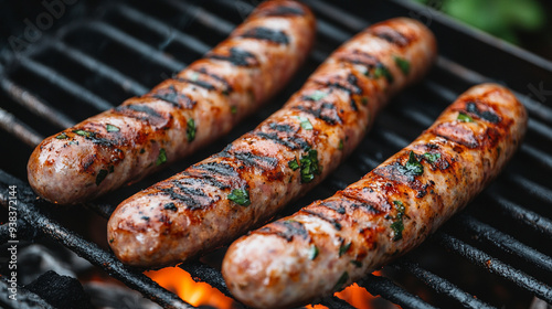 Hot, tasty grilled sausages sizzling on a charcoal grill with smoke rising, evoking a sense of warmth, outdoor cooking, and the rich, savory aroma of perfectly cooked meat