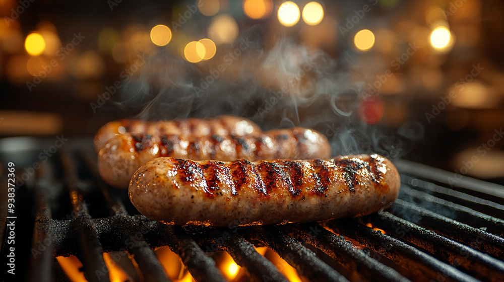 Hot, tasty grilled sausages sizzling on a charcoal grill with smoke rising, evoking a sense of warmth, outdoor cooking, and the rich, savory aroma of perfectly cooked meat Hot, tasty grilled sausages sizzling on a charcoal grill with smoke rising, evoking a sense of warmth, outdoor cooking, and the rich, savory aroma of perfectly cooked meat