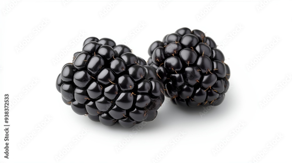 Two ripe blackberries isolated on white background. Two ripe blackberries isolated on white background.