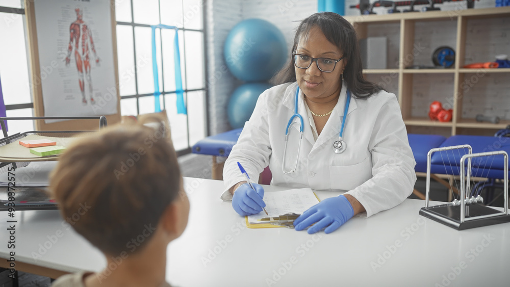 Obraz premium A woman doctor consults a young boy patient in a bright physiotherapy room filled with rehabilitation equipment.