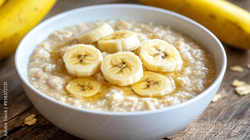 Porridge with banana, white bowl Porridge with banana, white bowl