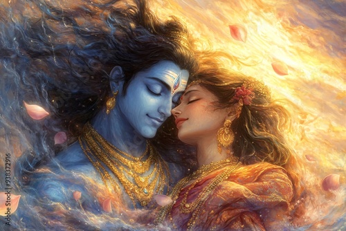 Radha and Lord Krishna with on sunrise. Krishna Janmashtami, Govardhan Puja. Hindu god and goddess. Symbol of divine love. Indian culture and religious concept
