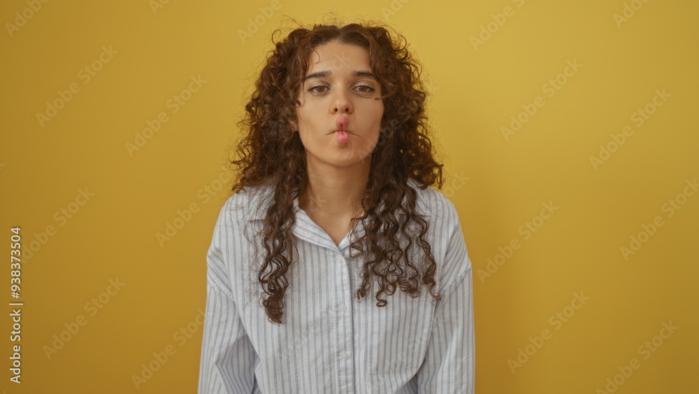 Young brunette hispanic woman making a fish face isolated against a yellow background with a playful and attractive expression Young brunette hispanic woman making a fish face isolated against a yellow background with a playful and attractive expression