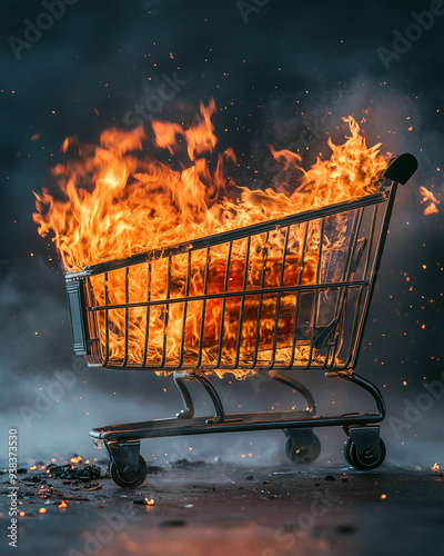 Shopping Cart on Fire with Dark Background Discount Sale